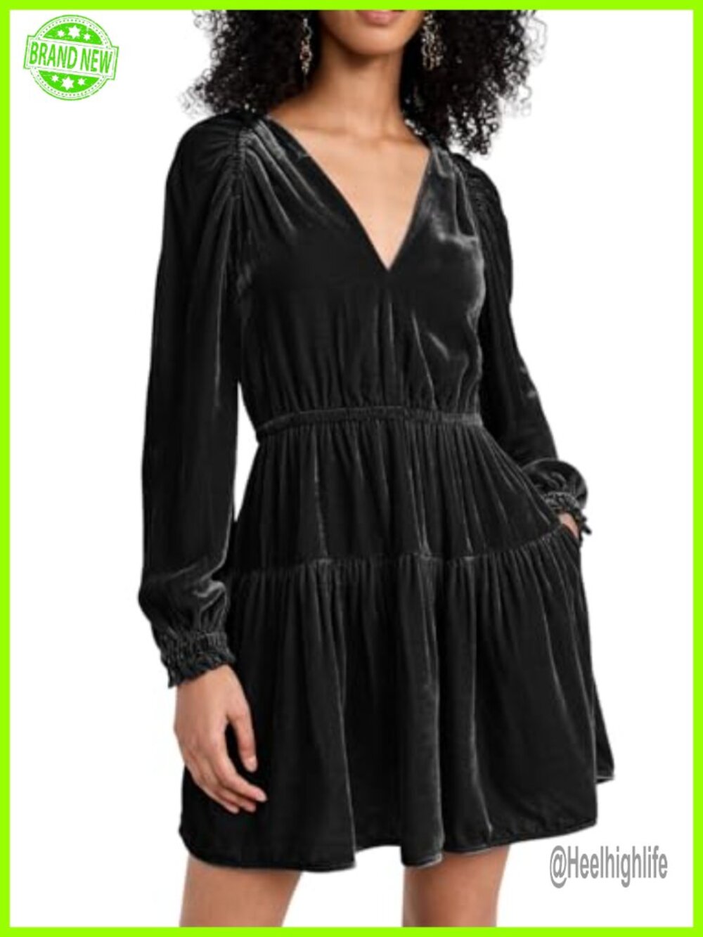 Velvet Mini Dress V Neck Long Sleeve Tiered A-Line Swing with Pockets